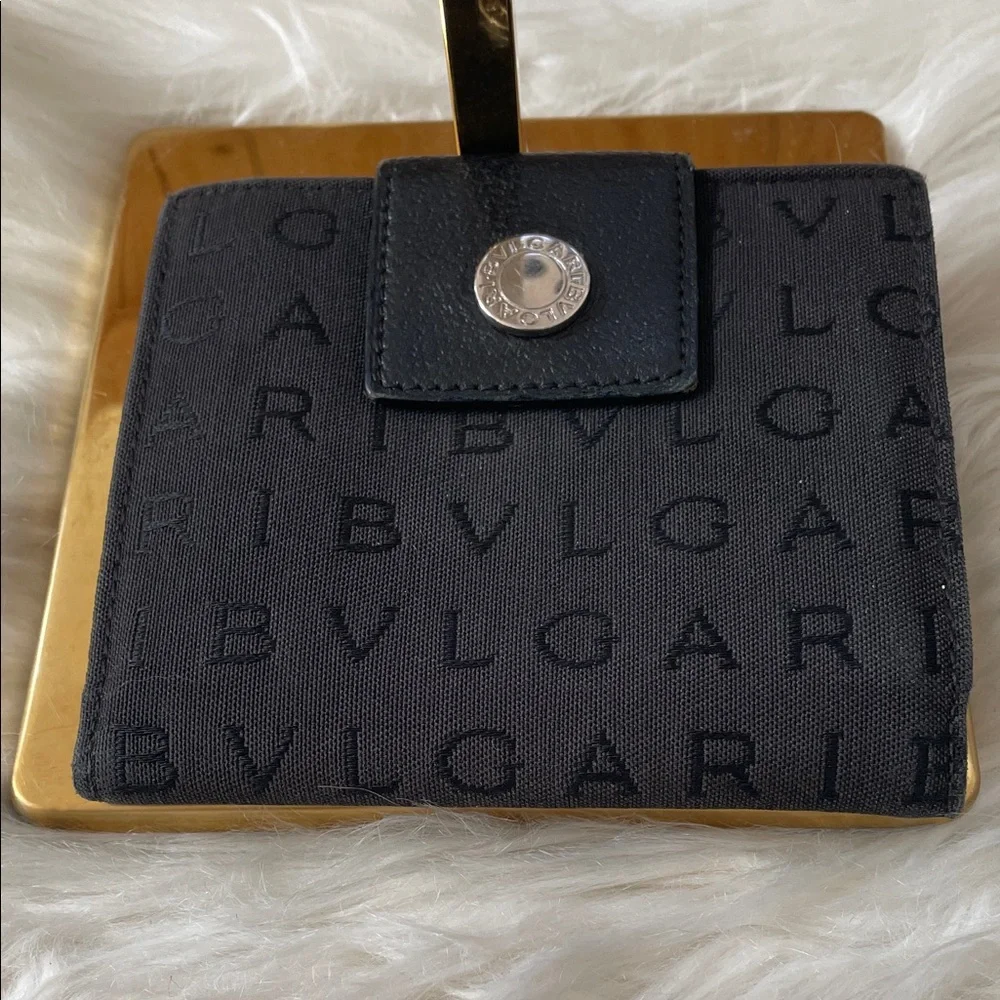 Bulgari Black Logo Canvas Compact 2 Way Snap Wallet-Unisex